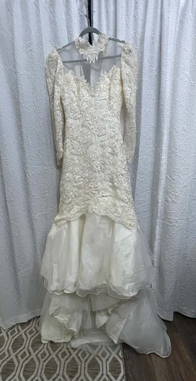 VTG Wedding Dress High Neck Beaded Lace Mermaid Long Sleeve Ivory